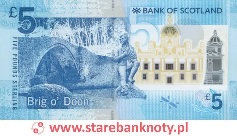 widok banknotu 5 funtów szkockich rewers seria :The Bridges